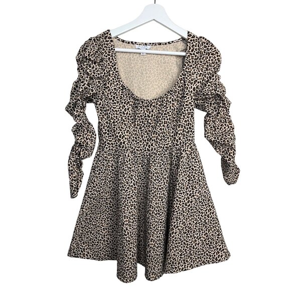 Topshop Leopard Print Puff Sleeve Fit & Flare Mini Dress Brown Tan Sz 6 - Picture 1 of 12